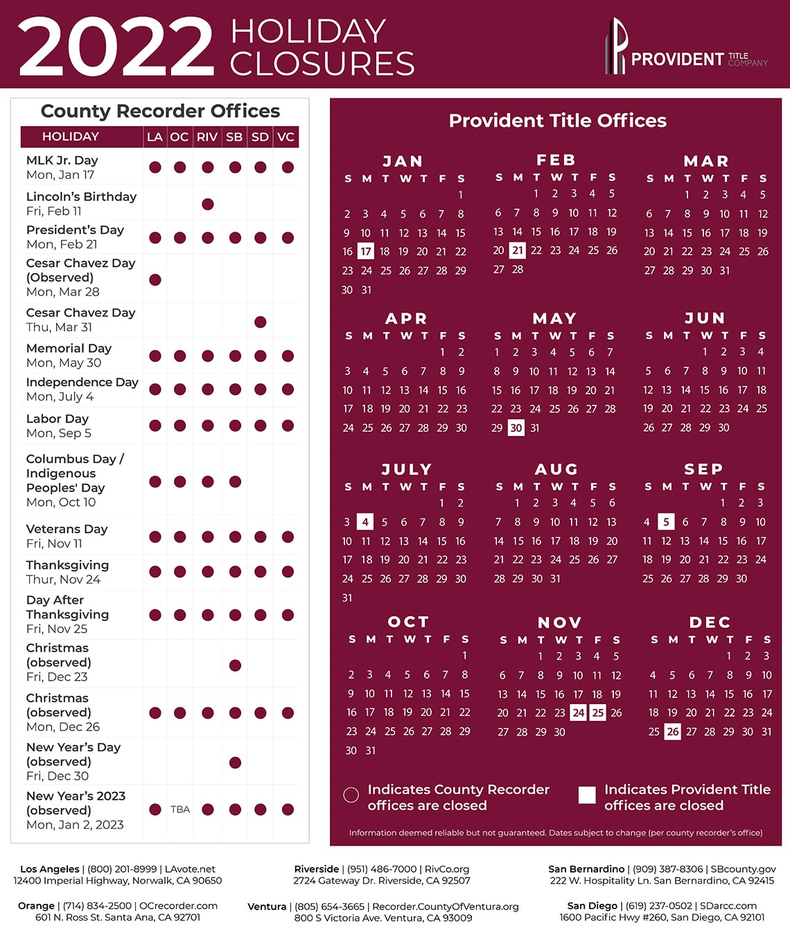 County Recorder Calendar 2022