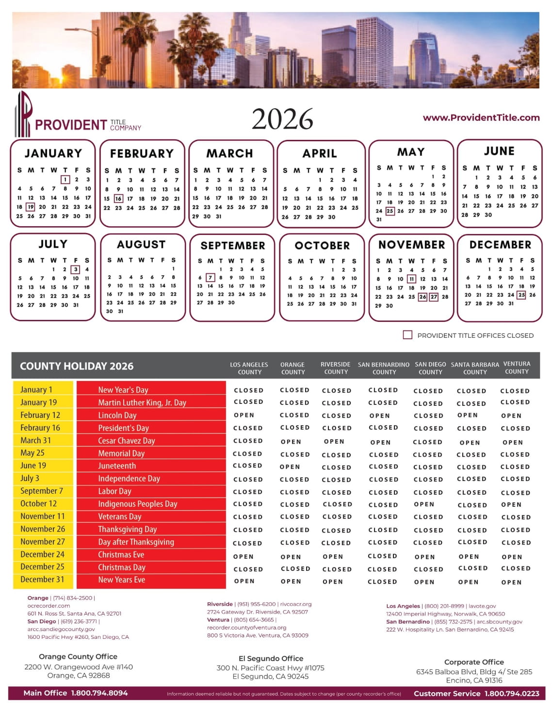 County Recorder Calendar 2026